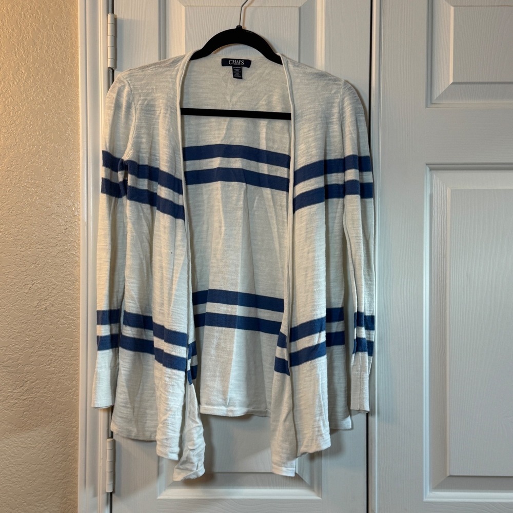 Chaps Denim White Long Sleeve Lightweight Cardigan with Blue Stripes Women's XS